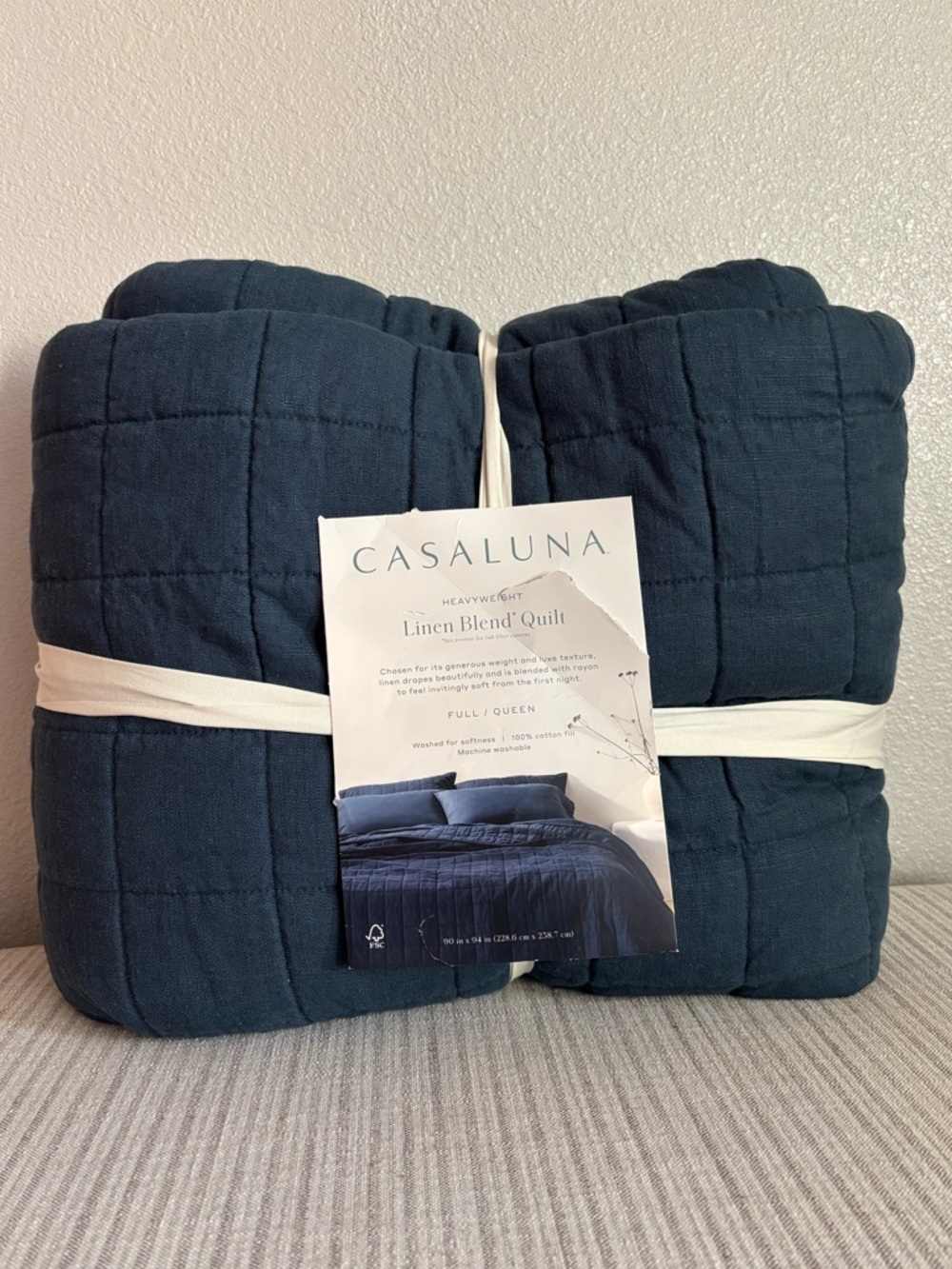 NWT Full/Queen Heavyweight Linen Blend Quilt Dark Mineral Blue - Casaluna